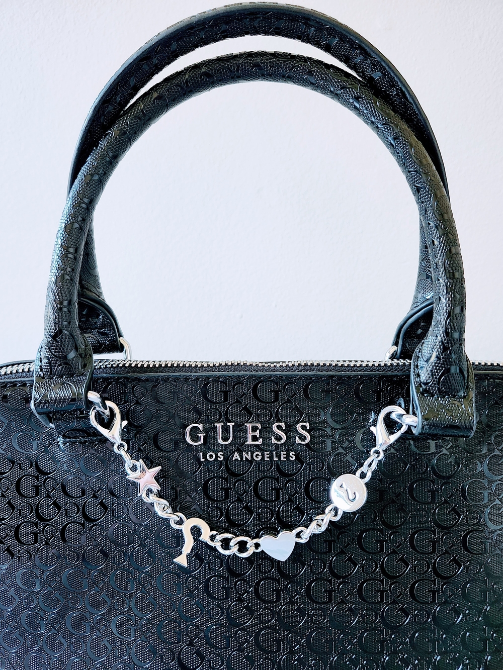 GUESS Black Embossed Silver Charm Hand Bag - Picture 3 of 6